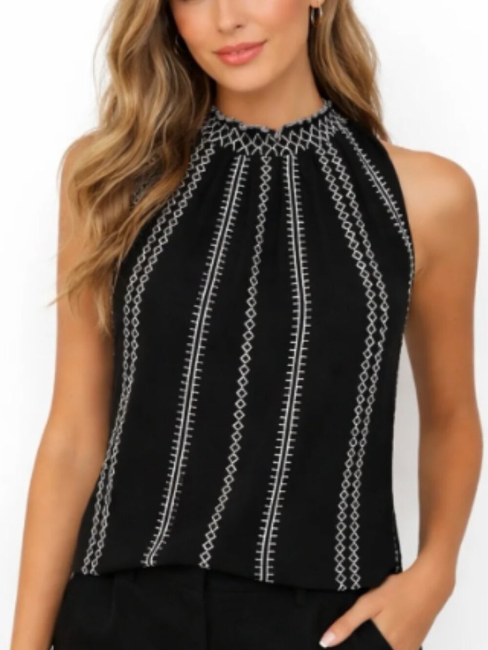 White House Black Market Black | Sleeveless Top with White Embroidered Stripes